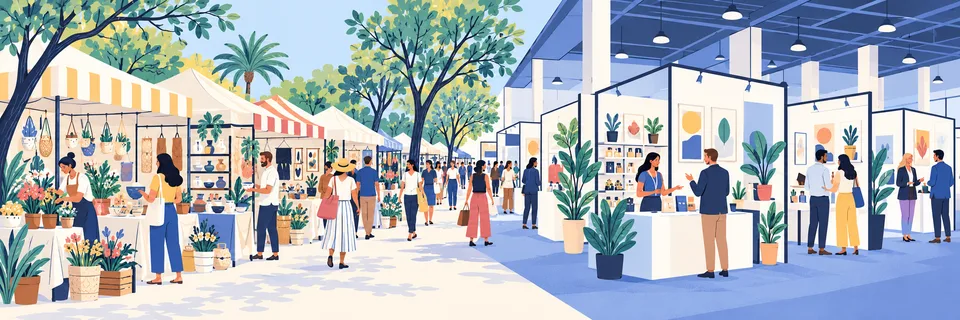A craft fair with handmade goods beside an indoor exhibition hall.