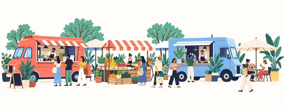 Neighbors gathering around food trucks and a produce stall.